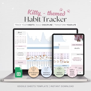 Foglio di calcolo per il monitoraggio delle abitudini del gatto / Planner settimanale e mensile / Planner delle abitudini, cura di sé, produttività, diario degli obiettivi / Simpatico modello di Fogli Google