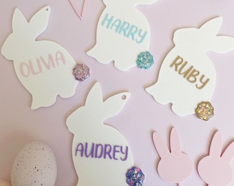 Etiqueta de cesta de Pascua personalizada, Conejito de Pascua con etiquetas de brillo, Etiqueta de Pascua personalizada, Etiquetas de regalo para Pascua, Decoración de Pascua, Pascua para niños