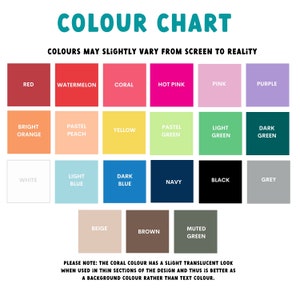 Puede incluir: Una carta de colores con 18 colores diferentes, incluyendo rojo, naranja, amarillo, verde, azul, morado, blanco, negro, marr&oacute;n y gris. La carta est&aacute; etiquetada como "COLOUR CHART" y "COLOURS MAY SLIGHTLY VARY FROM SCREEN TO REALITY".