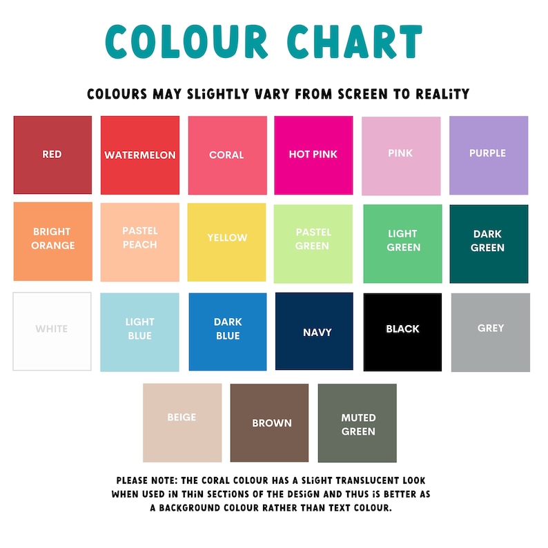 Puede incluir: Una carta de colores con 18 colores diferentes, incluyendo rojo, naranja, amarillo, verde, azul, morado, blanco, negro, marr&oacute;n y gris. La carta est&aacute; etiquetada como "COLOUR CHART" y "COLOURS MAY SLIGHTLY VARY FROM SCREEN TO REALITY".