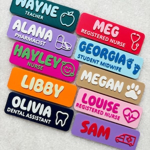 May include: A set of 10 colourful name tags with different professions and icons. The names include Wayne, Alana, Hayley, Libby, Olivia, Meg, Georgia, Megan, Louise, and Sam.