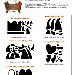May include: A printable set of cut files for creating Christmas cards. The set includes five different card designs: Wise Men Tri-fold Card, Mary's Little Babe Card, A Child is Born Nativity Card, Every Heart Angel Card, and Behold Baby Jesus Window Card. Each card design is shown with its individual dimensions.