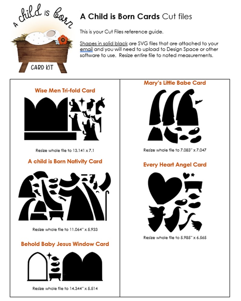 May include: A printable set of cut files for creating Christmas cards. The set includes five different card designs: Wise Men Tri-fold Card, Mary's Little Babe Card, A Child is Born Nativity Card, Every Heart Angel Card, and Behold Baby Jesus Window Card. Each card design is shown with its individual dimensions.