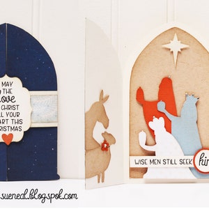May include: A Christmas card kit with a blue and white starry night scene on the front, a nativity scene on the inside, and the text "May the love of Christ fill your heart this Christmas".