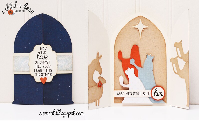 May include: A Christmas card kit with a blue and white starry night scene on the front, a nativity scene on the inside, and the text "May the love of Christ fill your heart this Christmas".