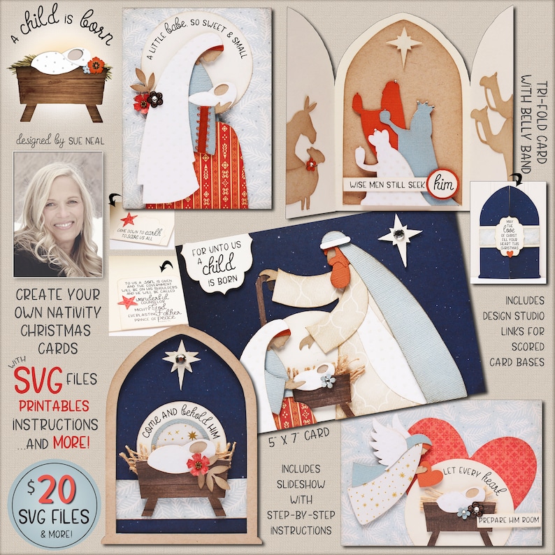May include: A set of digital cut files for creating a nativity scene Christmas card. The files include a 5x7 card, a tri-fold card with a belly band, and a printable instruction sheet. The image shows a variety of card designs, including a traditional nativity scene, a wise men scene, and a manger scene. The text "For unto us a child is born" is included on one of the cards.