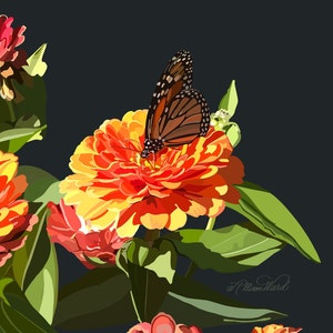 Butterfly Drawing | Butterfly Wall Art | Flower Print | Zinnia Artwork