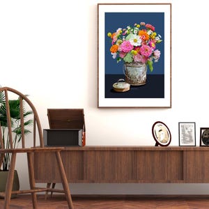 Zinnas in a summer bouquet and a tin bucket.