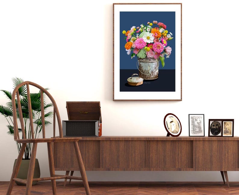 Zinnas in a summer bouquet and a tin bucket.