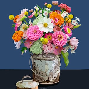 Zinnas in a summer bouquet and a tin bucket.