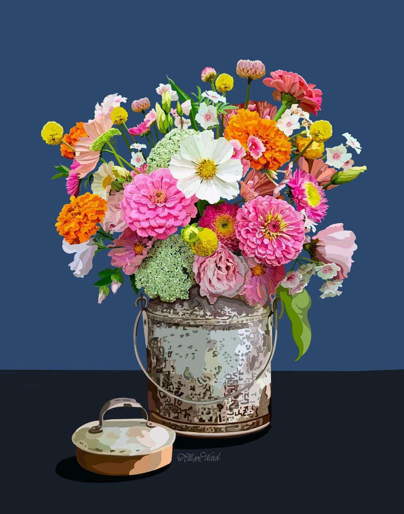 Zinnas in a summer bouquet and a tin bucket.