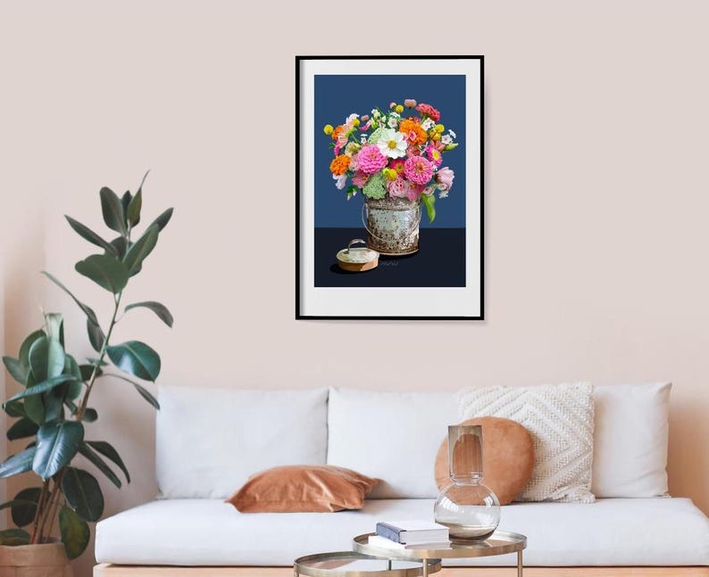 Zinnas in a summer bouquet and a tin bucket.