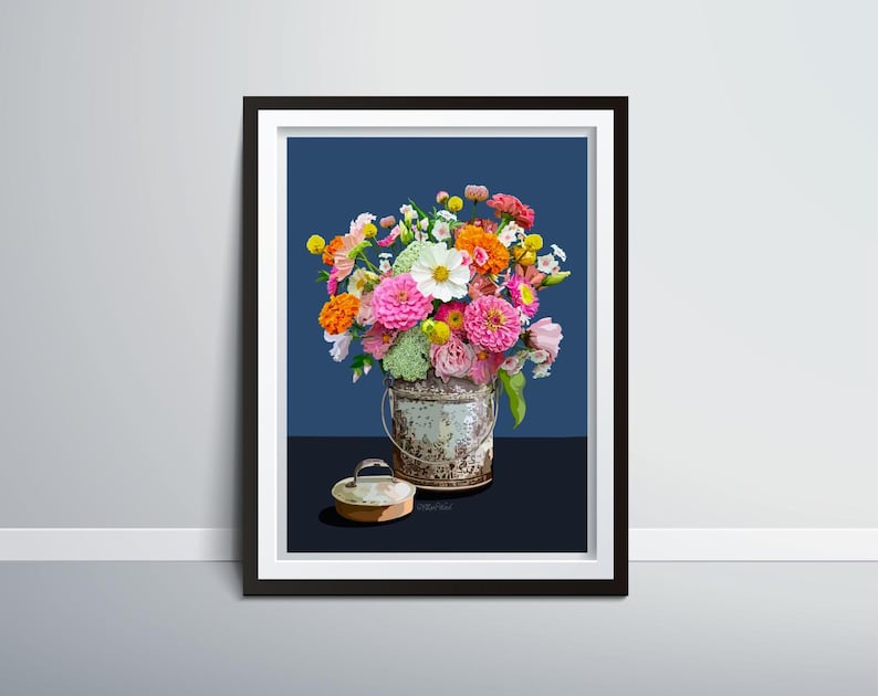 Zinnas in a summer bouquet and a tin bucket.