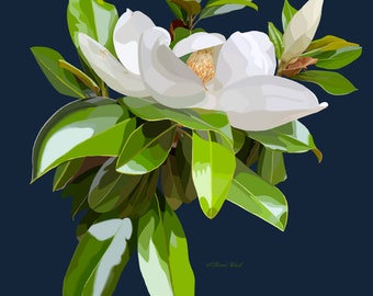 Open Magnolia on Navy Print | Magnolia Poster | Magnolia Fine Art | Magnolia Wall Decor