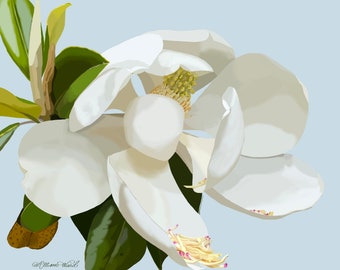 Shedding Magnolia on Blue Print | Shedding Magnolia Artwork | Shedding Magnolia Painting