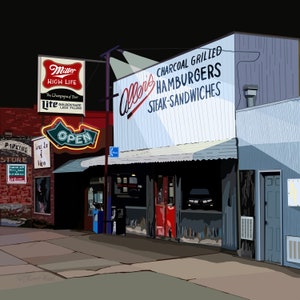 May include: A vintage-style illustration of a diner with a neon open sign, a Miller High Life sign, and a sign that reads "Allen's Charcoal Grilled Hamburgers Steak-Sandwiches".