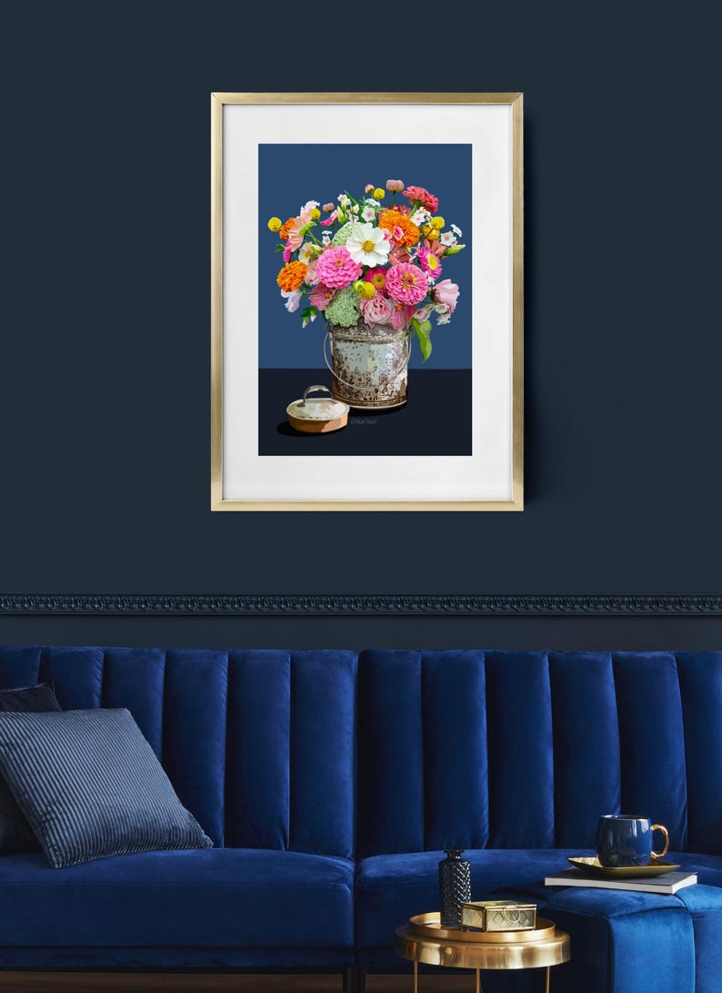 Zinnas in a summer bouquet and a tin bucket.