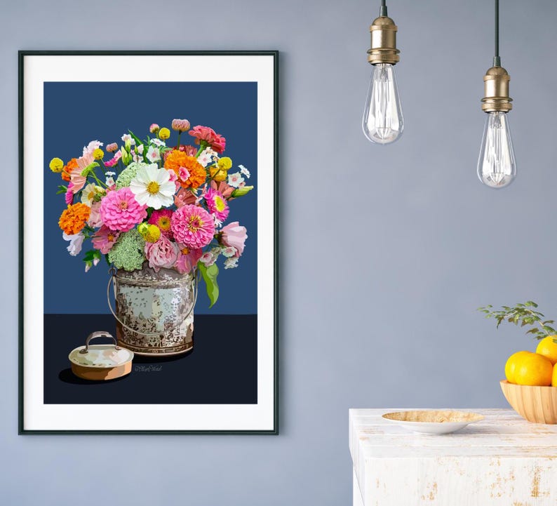 Zinnas in a summer bouquet and a tin bucket.
