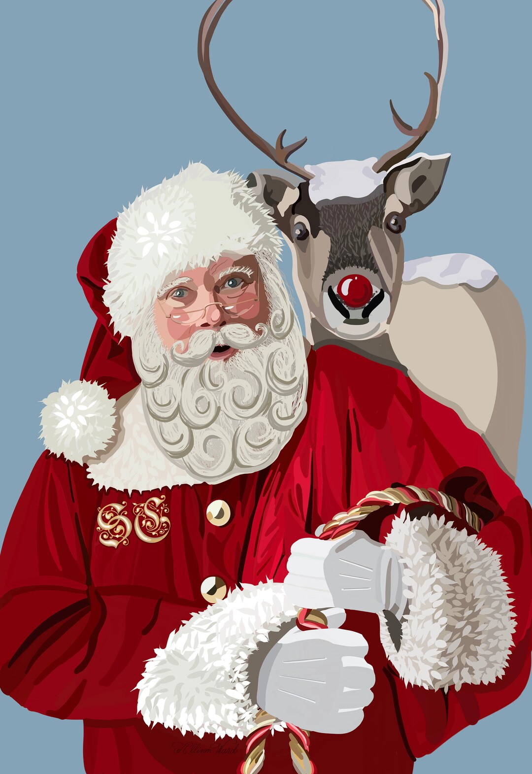 Santa With Rudolf Santa and Rudolf Print | Christmas Artwork | Santa and Rudolf Painting ...