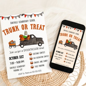 Trunk or Treat Editable and Printable Flyer and Invitation, Includes Mobile E-vite Invitation, Halloween School or Church Festival Flyer