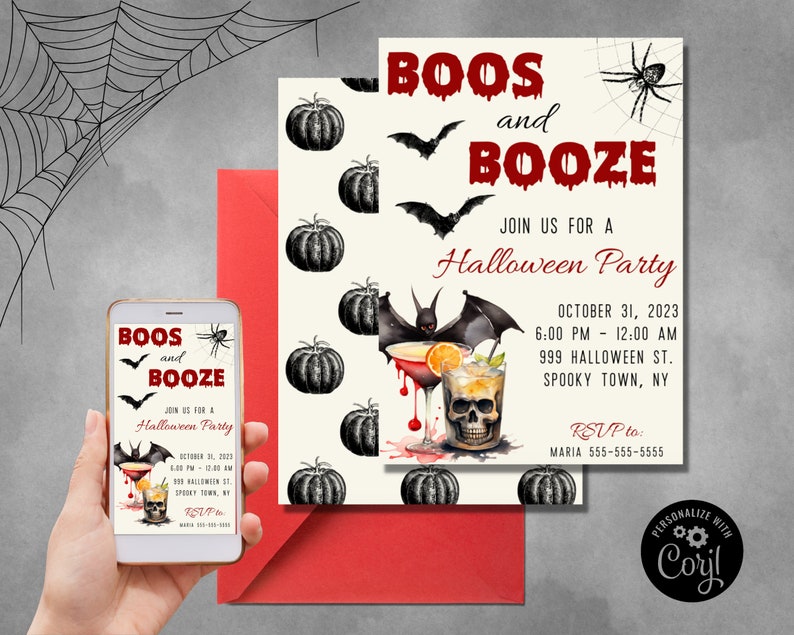 Boos and Booze Halloween Party Invitation: Editable Cocktail Party ...