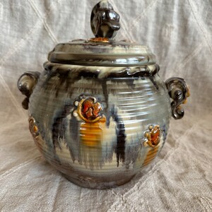 Large Vintage Soup Tureen in Grey and Orange Floral Maiolica