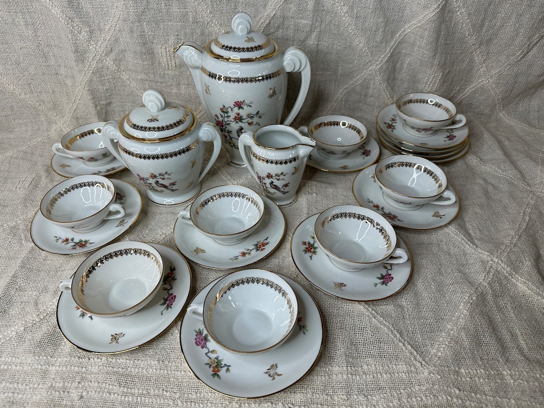 P.L. France Limoges Porcelain Tea Set With Floral Pattern and Gold