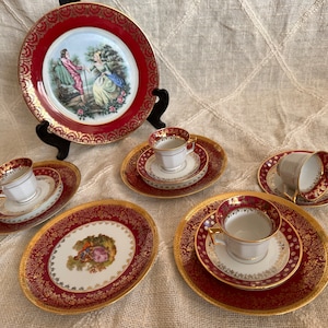 Elegant Limoges Gold and Burgundy Tea and Dessert Set for 4 People