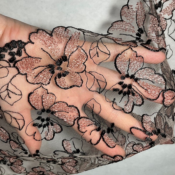 Black and Peach Floral Embroidered Tulle Lace Trim, Lingerie Net Lace Fabric, Evening Dress Galloon Trim Tulle Lace, Illusion Mesh