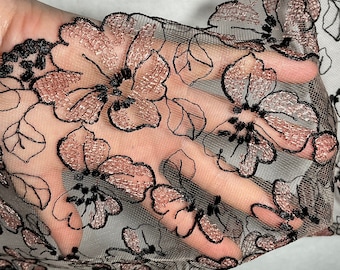 Black and Peach Floral Embroidered Tulle Lace Trim, Lingerie Net Lace Fabric, Evening Dress Galloon Trim Tulle Lace, Illusion Mesh