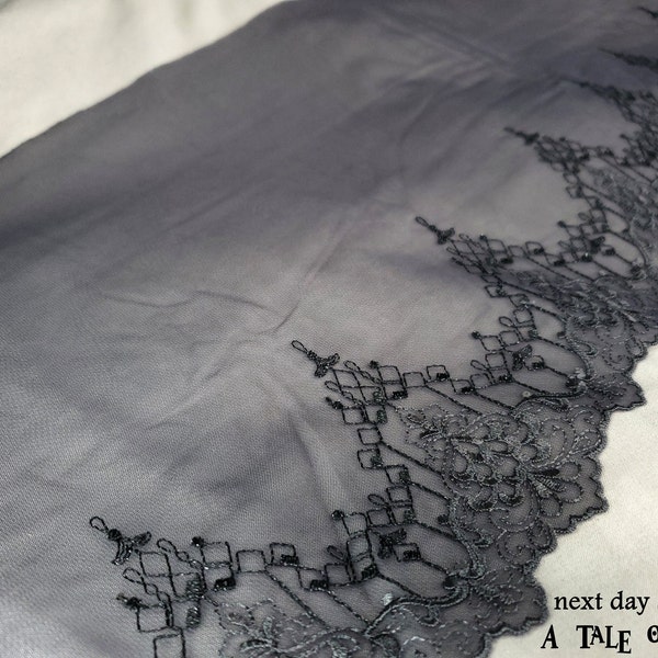 Gothic Dark Grey Lace Fabric, Black Leather Embroidered Lace Trim, Gothic Lingerie Tulle Lace, Galloon Lace, Scallop Trim, Dark Fashion Lace