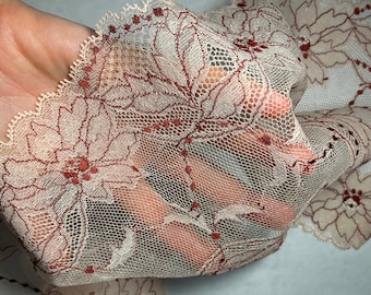 Ribete de encaje elástico floral: beige y rojo oscuro brillante, 24 cm de ancho