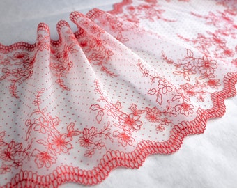 Embroidered Polka Dot Tulle Lace Trim: Coral Red Floral, 9" Wide
