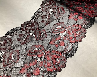 Red Black Stretch Lace, Soft Lingerie Lace, Metallic Lace Trim, Black Floral Lace, Red Shiny Lace, Stretch Lace Galloon, Elastic Lace Trim