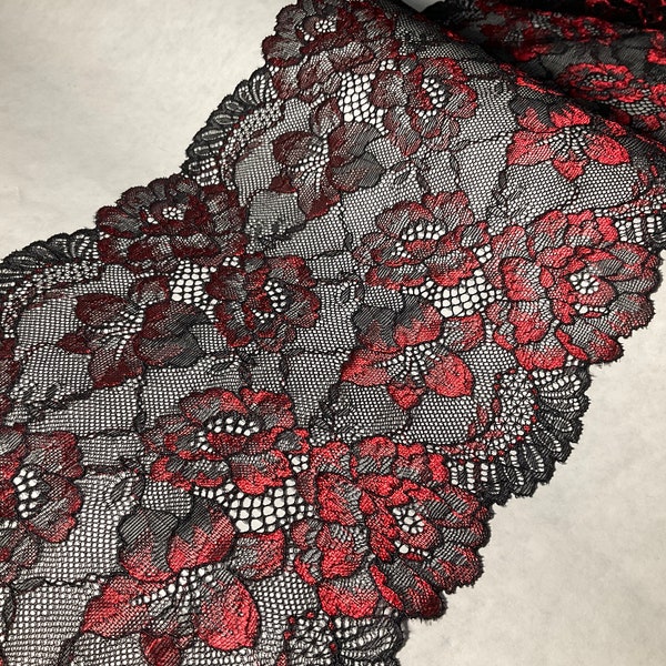 Red Black Stretch Lace, Soft Lingerie Lace, Metallic Lace Trim, Black Floral Lace, Red Shiny Lace, Stretch Lace Galloon, Elastic Lace Trim