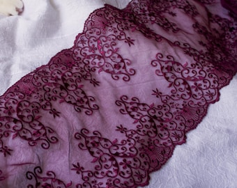 Burgunder Wein Stretch Spitzenbesatz, Gothic elastischen Dessous Spitzenstoff, BH machen, Breite 20 cm 8", elastische Spitzenbesatz, Stickerei Spitzenbesatz