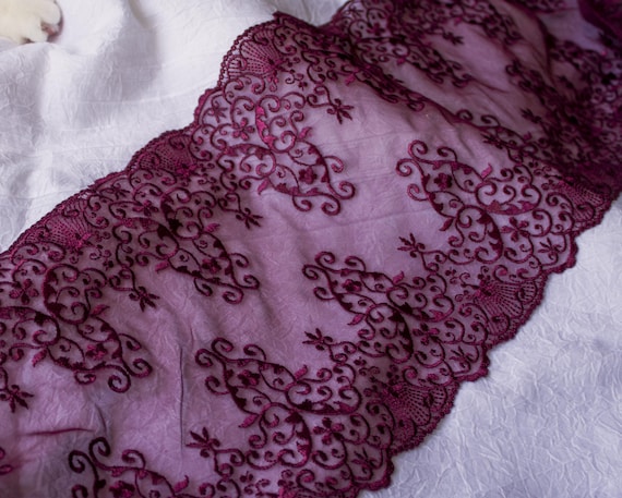 Burgundy Wine Stretch Lace Trim, Gothic Elastic Lingerie Lace Fabric, Bra Making, width 20 cm 8", Elastic Lace Trim, Embroidery Lace Trim
