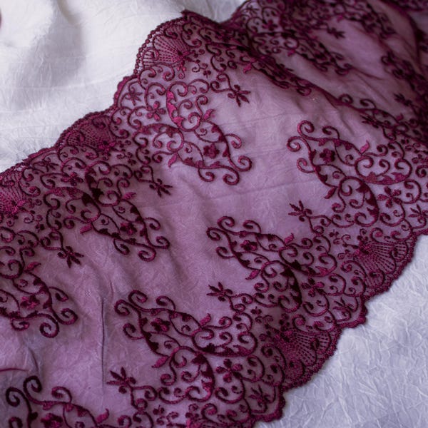 Burgundy Wine Stretch Lace Trim, Gothic Elastic Lingerie Lace Fabric, Bra Making, width 20 cm 8", Elastic Lace Trim, Embroidery Lace Trim