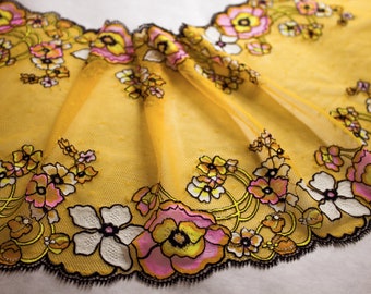 Floral Print Stretch Lace Trim: Yellow, Pink & Black Galloon - 9.25" Wide