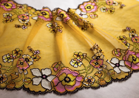 Floral Print Stretch Lace Trim: Yellow, Pink & Black Galloon - 9.25" Wide