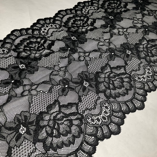 Black Stretch Lace Galloon 8.75” 22 cm Scallop Lingerie Making Sewing Craft Elastic Floral High Quality Soft
