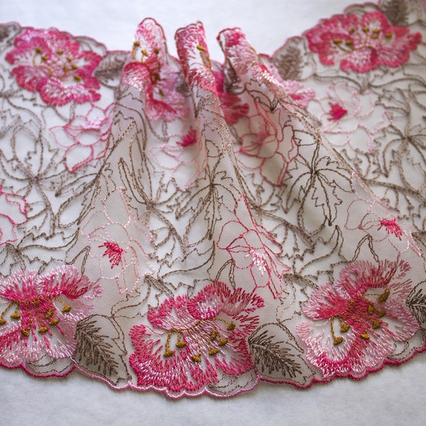 Colorful Pink Floral Lace, Embroidered Tulle, Lingerie Lace Fabric, Floral Lace Mesh, Tulle Embroidery trim, Nonstretch lace, bra lace