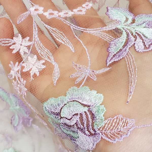 Delicate Illusion Embroidery Fabric, Colorful Floral Embroidery Lace, Bra Making Lace, Pastel Lace Galloon, Pastel Tulle Embroidery