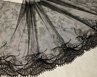 Black Gold Lace Fabric, Black Embroidered Lace Trim, Lingerie Tulle Lace, Galloon Lace, Scallop lace, Gothic Fashion Lace, Shiny lace