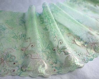 Ribete de encaje de tul bordado verde neón: fantasía floral, 18 cm de ancho