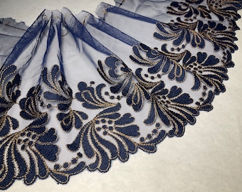 Navy Lace Trim, Blue Embroidered Lace Trim, Lingerie Tulle Lace, Galloon Lace, Scallop lace,  embroidered tulle, delicate lace, blouse lace
