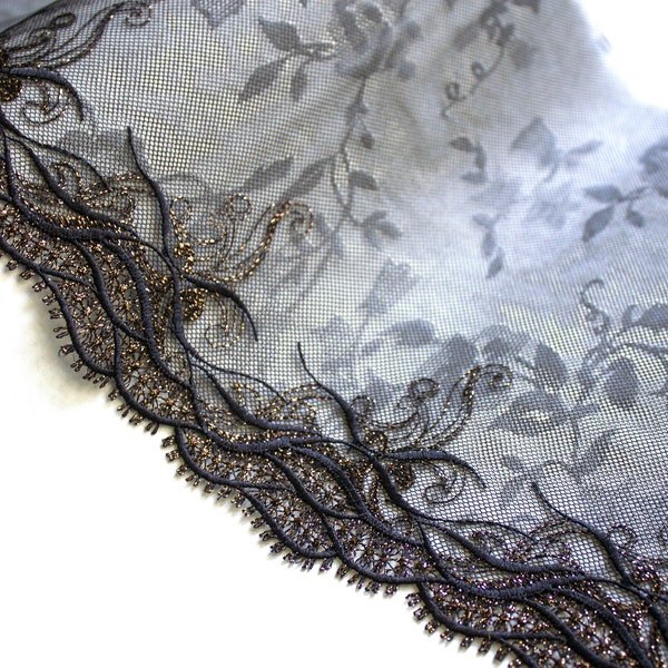 1 yard Black Gold Lace Fabric, Black Embroidered Lace Trim, Lingerie Tulle Lace, Galloon Lace, Scallop lace, Gothic Fashion Lace, Shiny lace