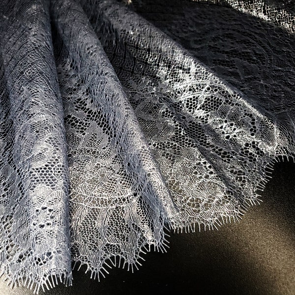 58" Dark Metallic Grey Chantilly Lace, Chantilly Fabric Lace, Eyelash Lace Trim, Shiny Silver Blouse Lace, Lingerie Sewing Floral Lace