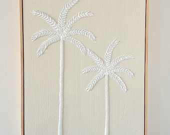 Textured Art Palm Tree Canvas Framed Painting | Coastal Mediterranean Wall Art | Plaster Art