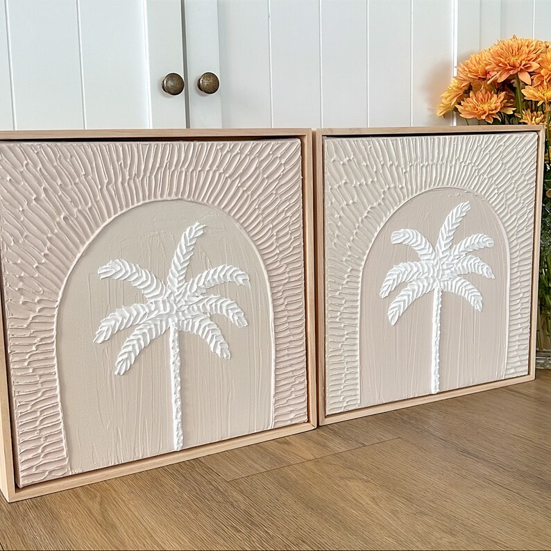 Textured Art Palm Tree Canvas Framed Painting Matching Set Boho Coastal